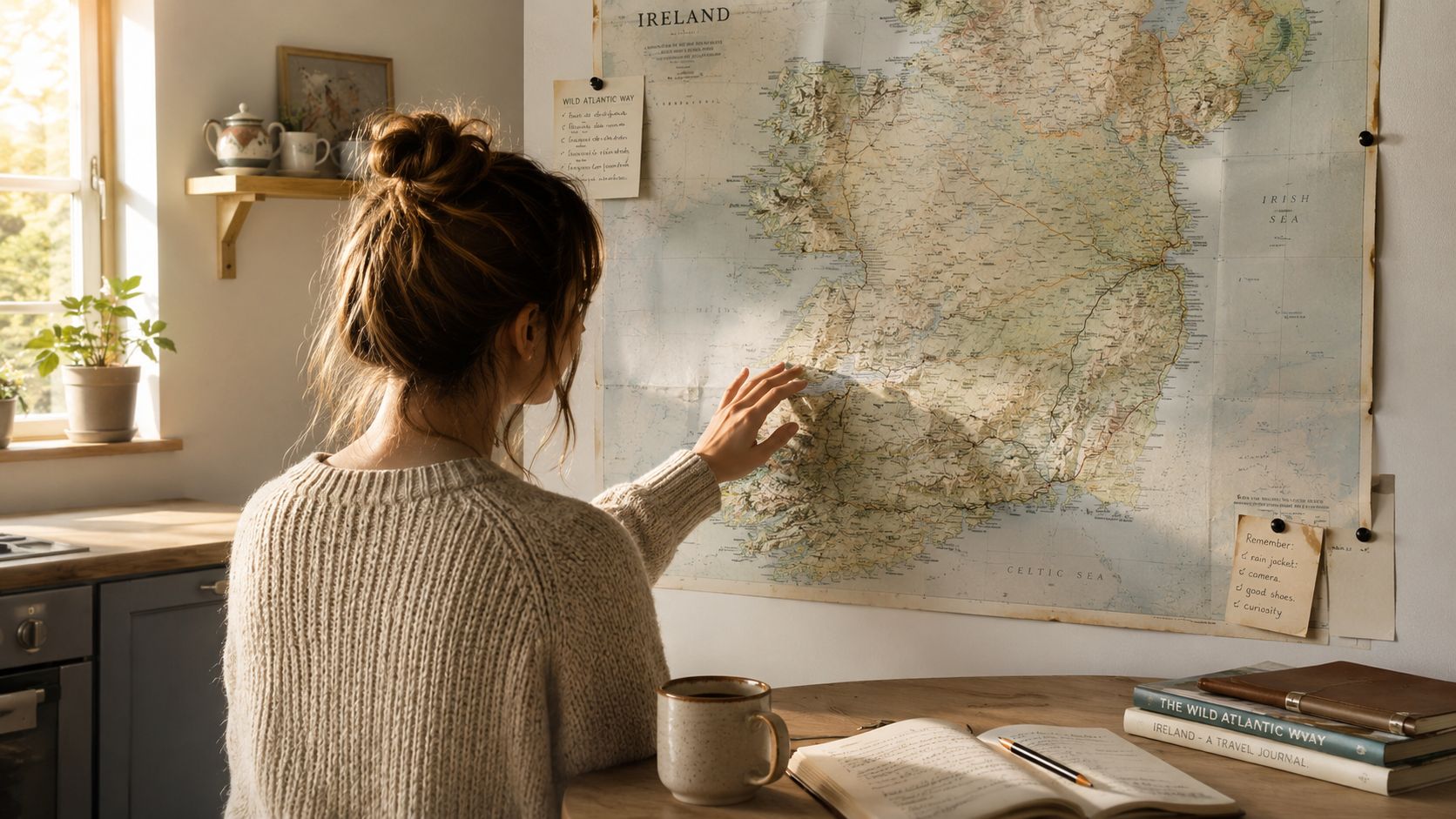 A woman planning her two-week trip to Ireland by studying a large map on the wall.