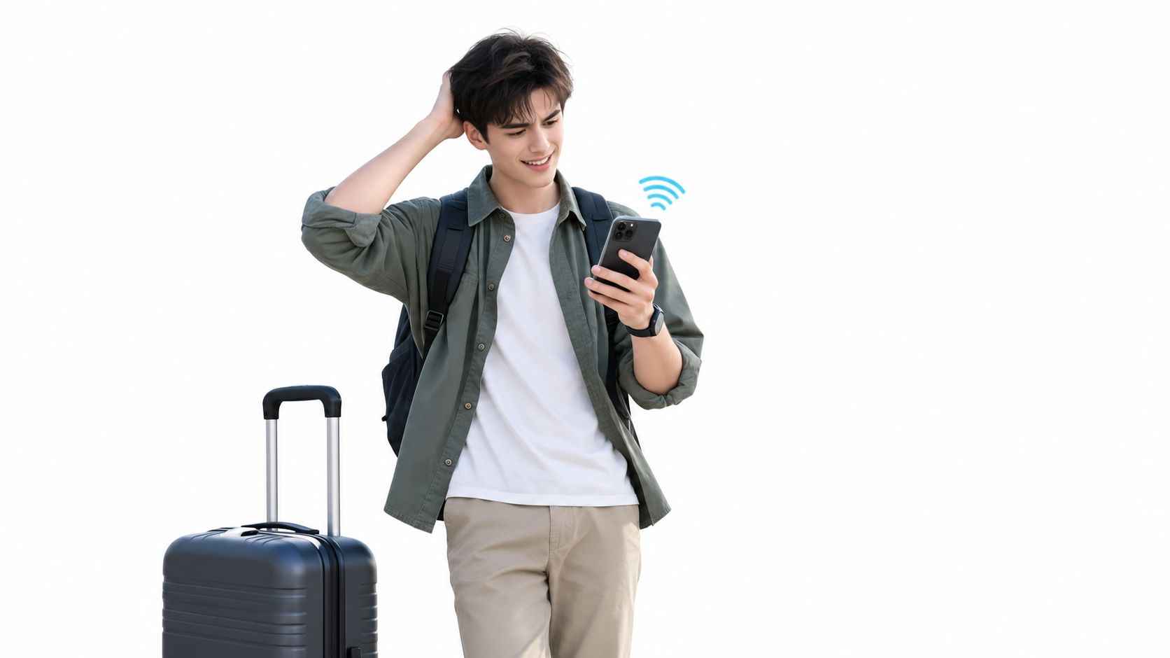A young man with a backpack and suitcase checking his smartphone with a wifi symbol icon