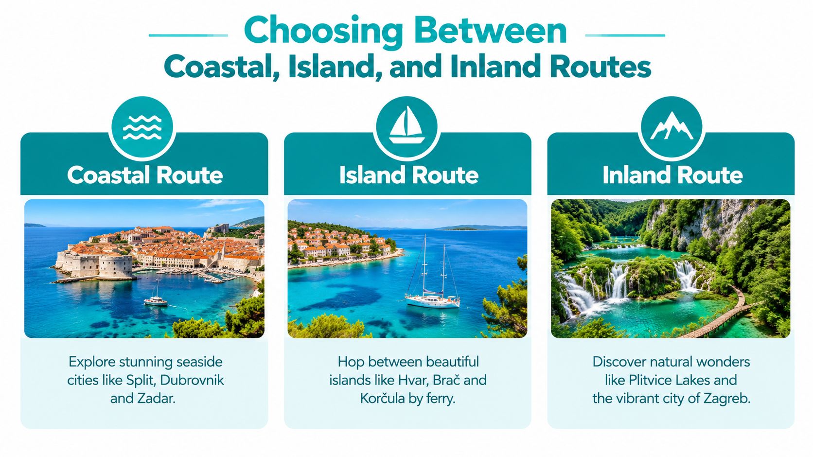A travel infographic comparing coastal, island, and inland routes for visiting Croatia with scenic destination highlights.