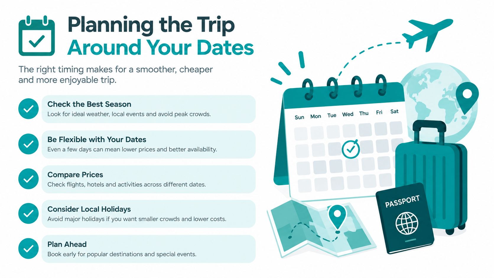 A travel planning infographic illustrating five tips for choosing the best time for your upcoming trip.
