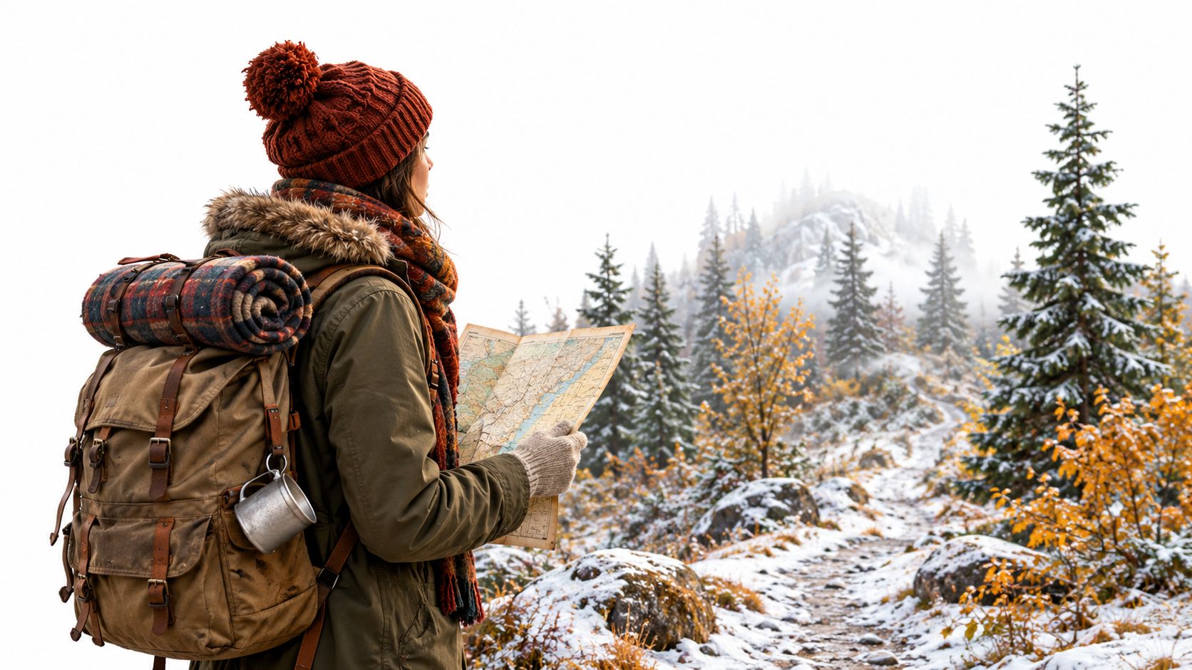 A hiker holding a map while standing on a snowy mountain trail looking at distant trees.