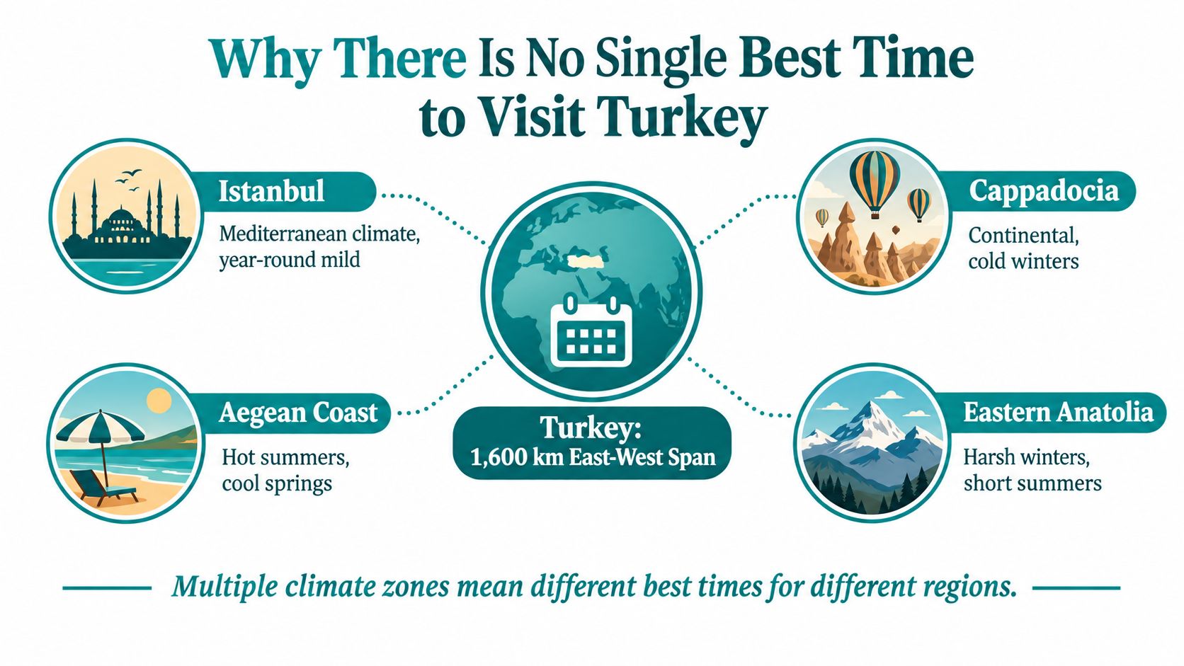 An infographic showing that Turkey has diverse climate zones, explaining why there is no single best travel time.