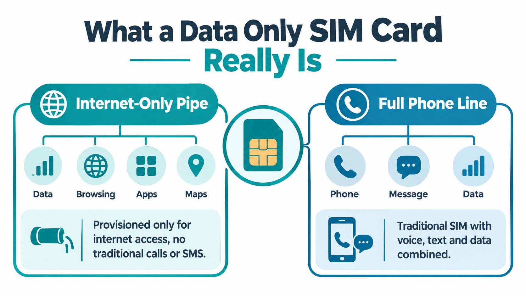 An infographic comparing a data-only SIM card, which provides internet access, to a full phone line SIM.
