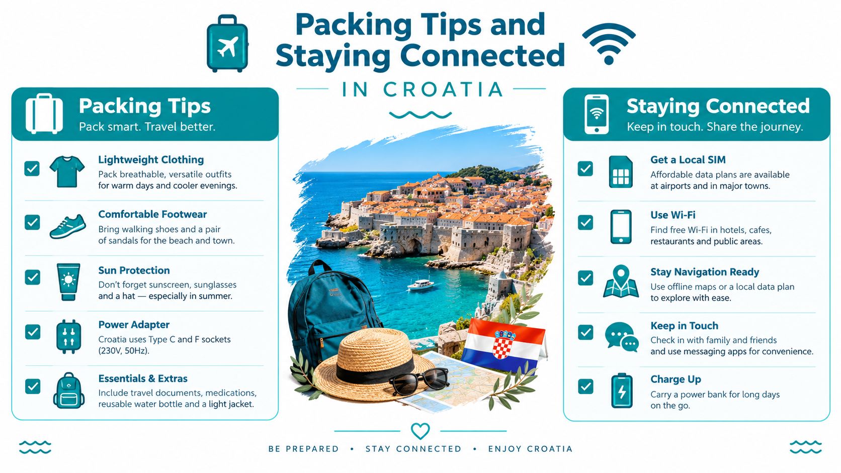A travel infographic for Croatia featuring packing tips and advice on staying connected while visiting the country.