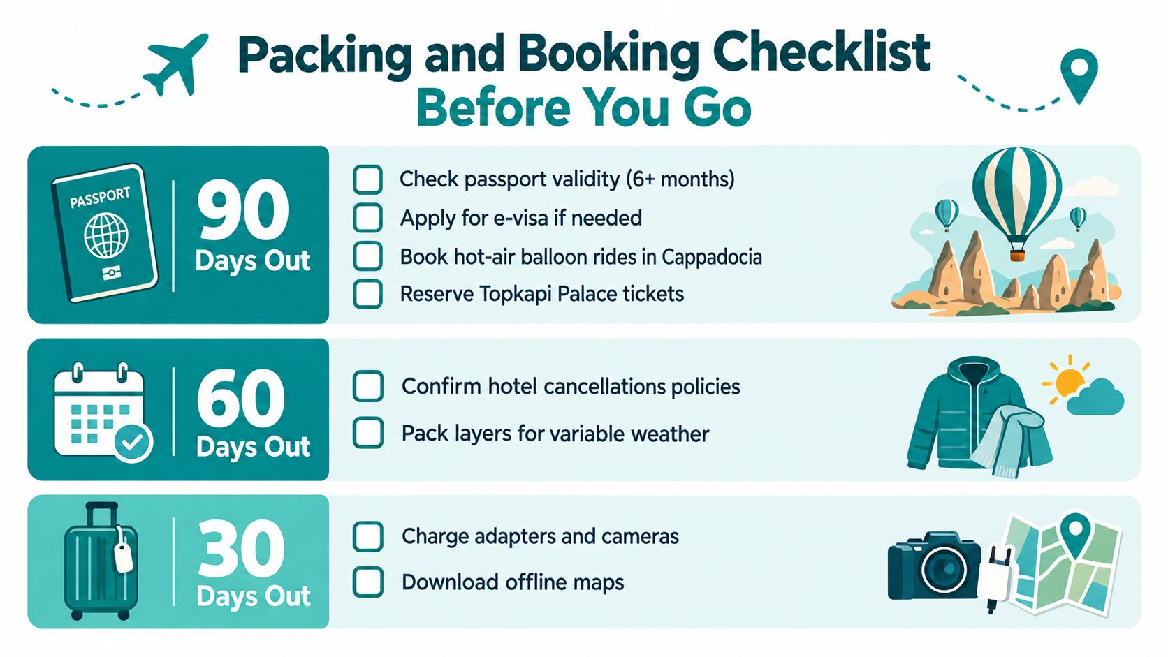 A travel checklist infographic showing tasks to complete 90, 60, and 30 days before visiting Turkey.