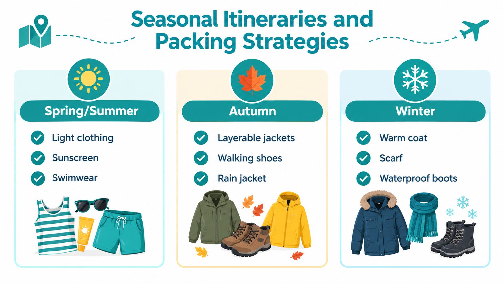 A travel infographic showing seasonal packing lists for spring/summer, autumn, and winter clothing and accessories.