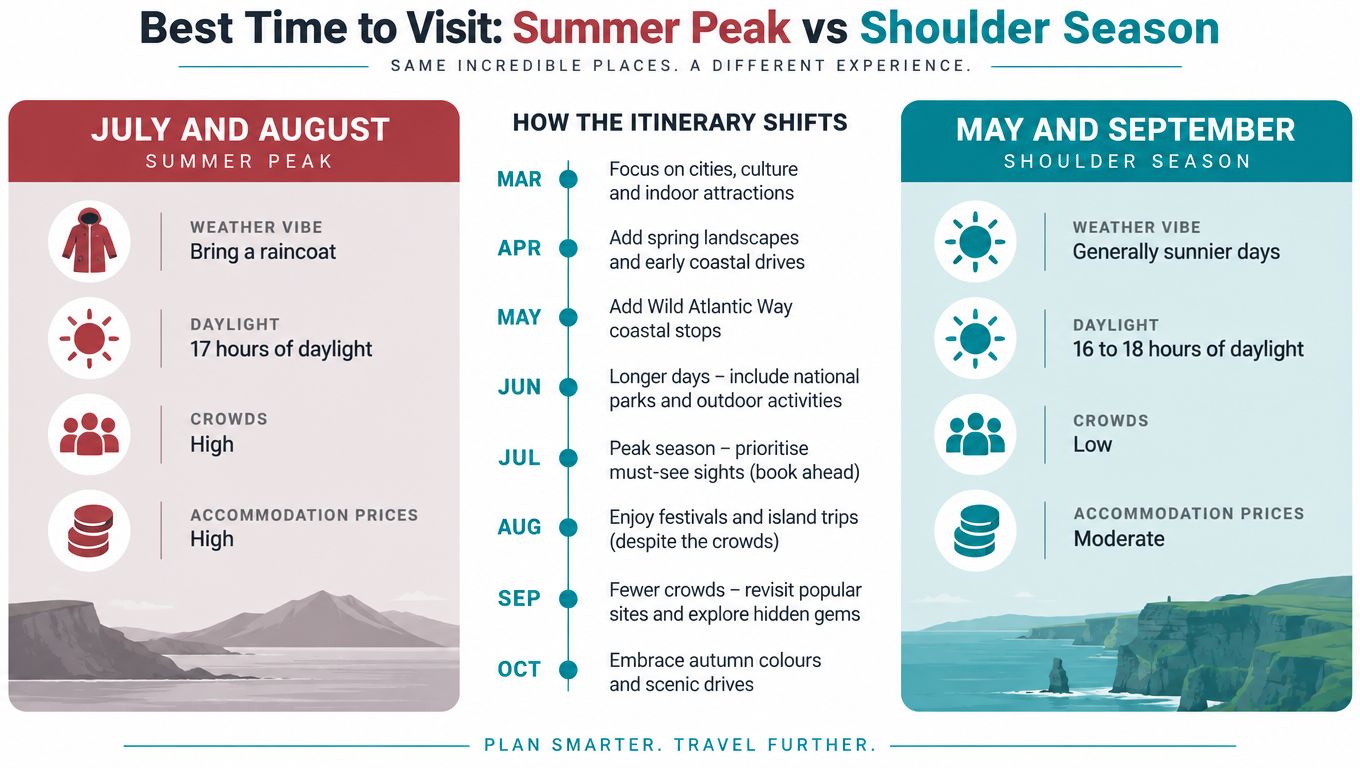 A travel infographic comparing Ireland's summer peak season with the shoulder season, highlighting weather, crowds, and travel tips.