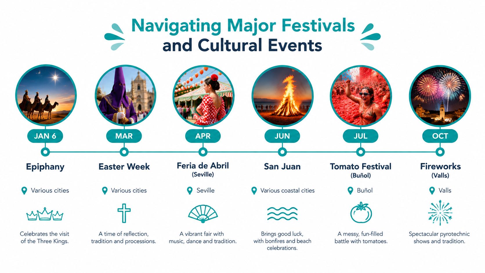 A timeline graphic showcasing major festivals and cultural events in Spain throughout the calendar year.