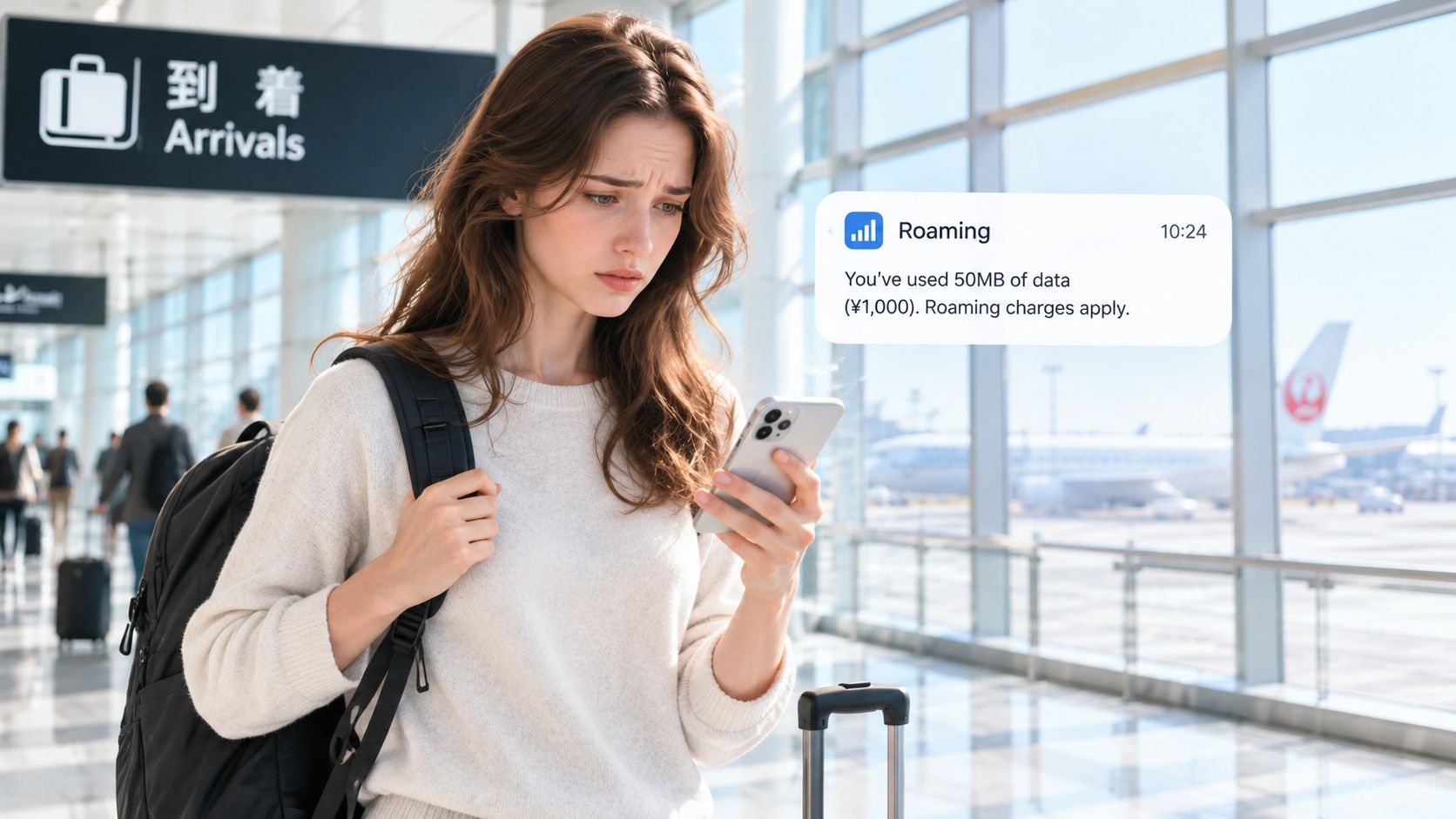 A young woman at an airport checking her phone with a concerned expression due to roaming charges.