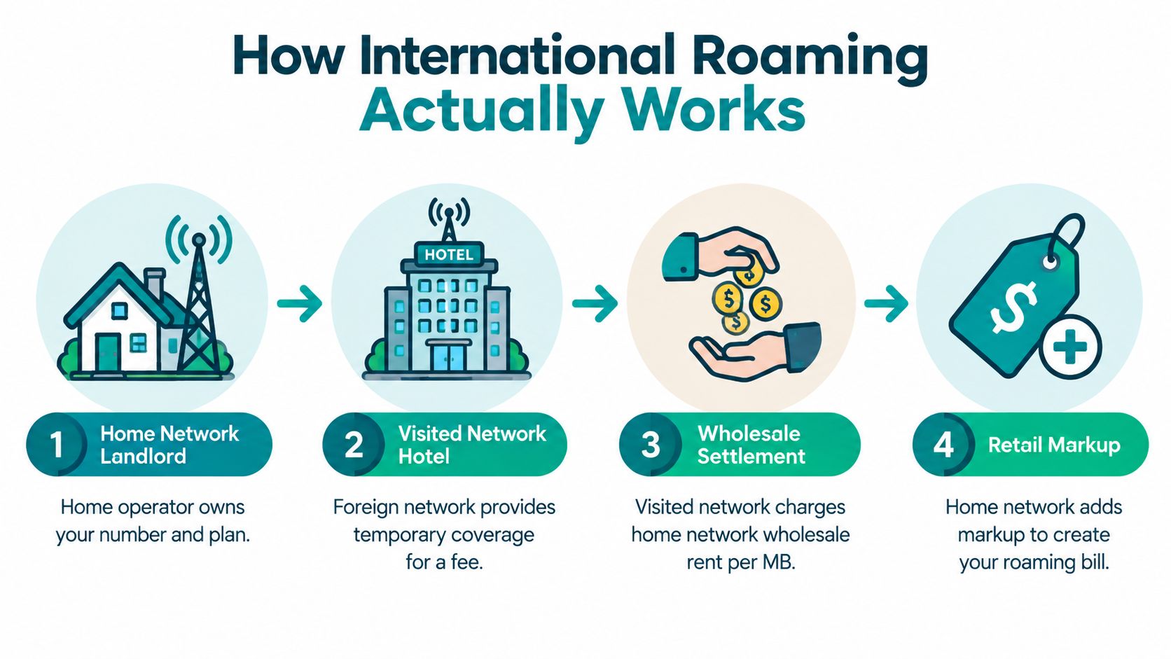 A four-step diagram illustrating the process of international roaming from home network to final retail billing.
