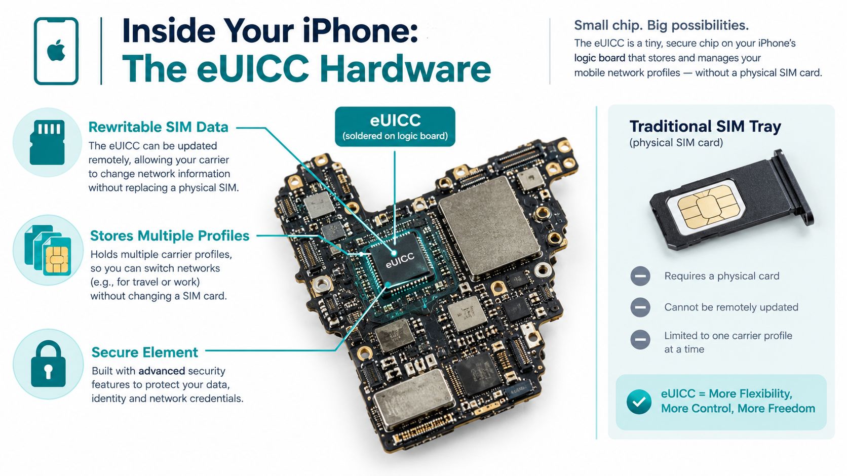 A diagram explaining how the eUICC hardware chip works on an iPhone logic board compared to physical SIMs.