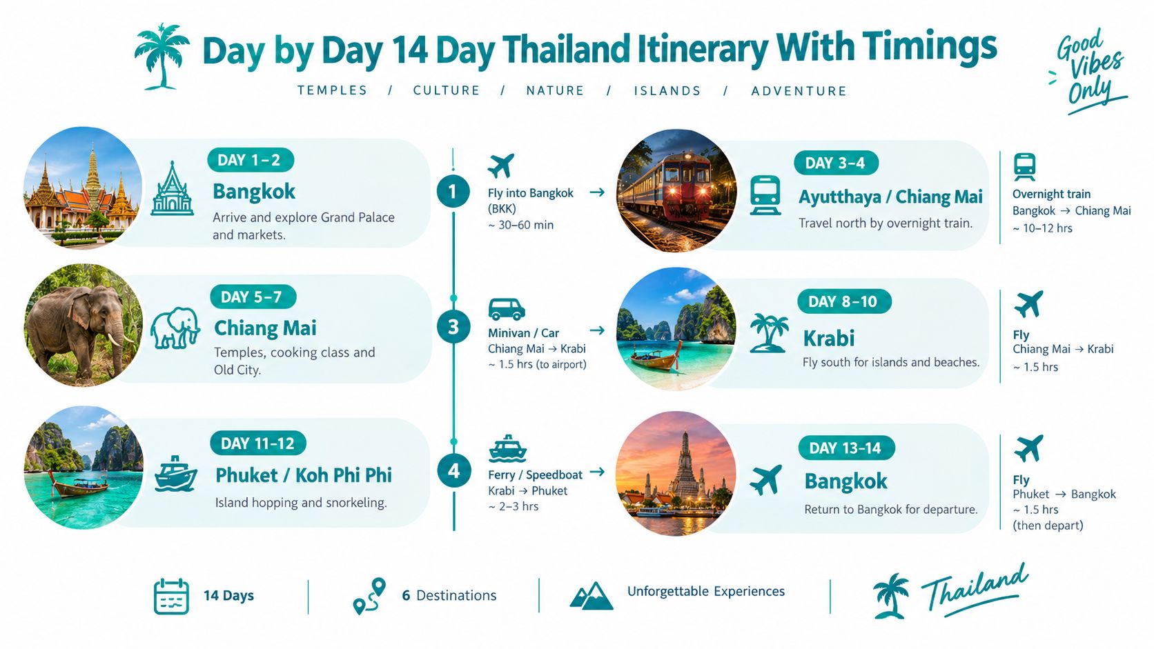 A 14-day Thailand itinerary infographic showcasing travel destinations, transportation methods, and planned activities for an unforgettable vacation.