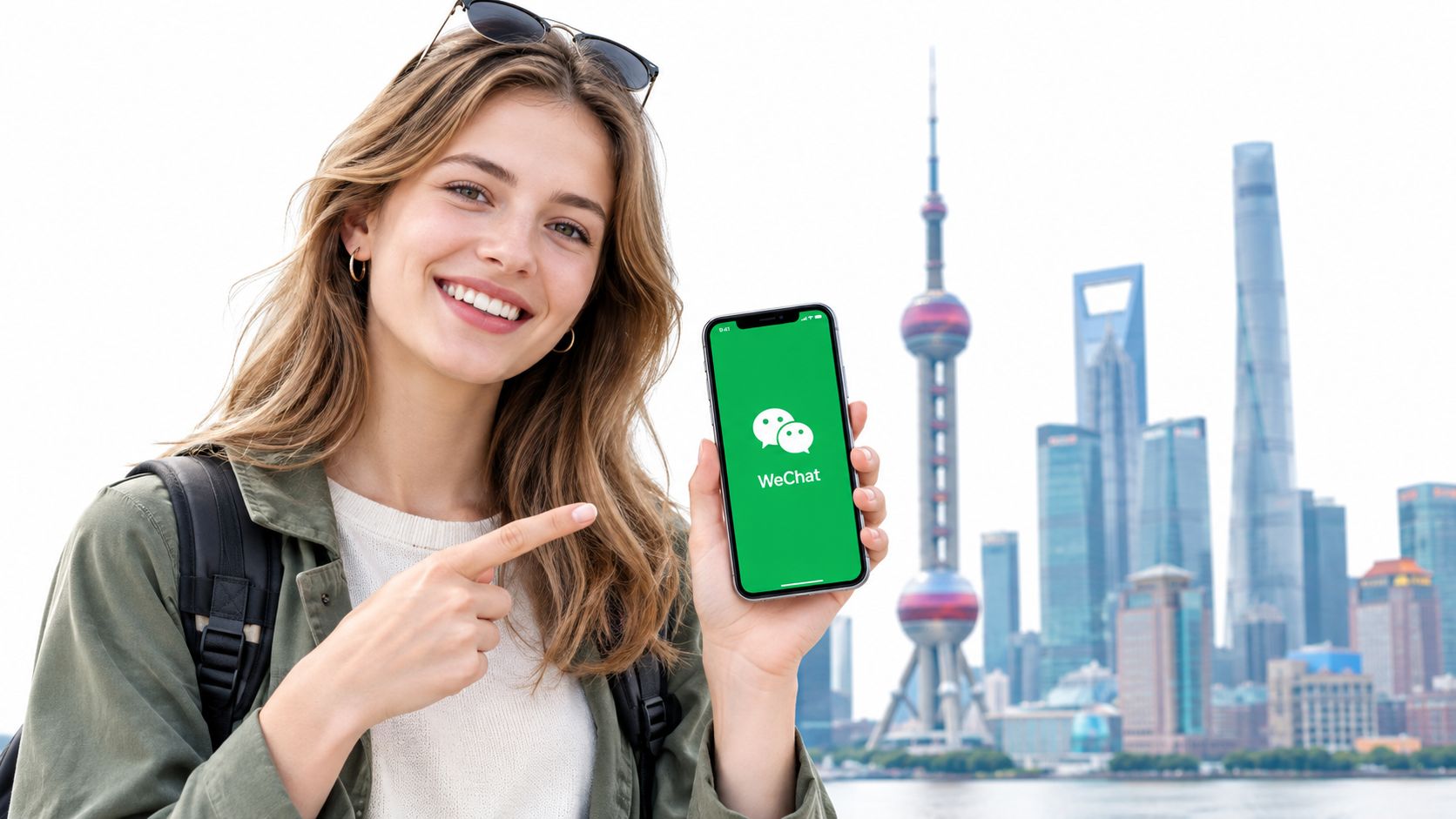 A smiling young woman points to a smartphone displaying the WeChat app logo in front of Shanghai skyline.
