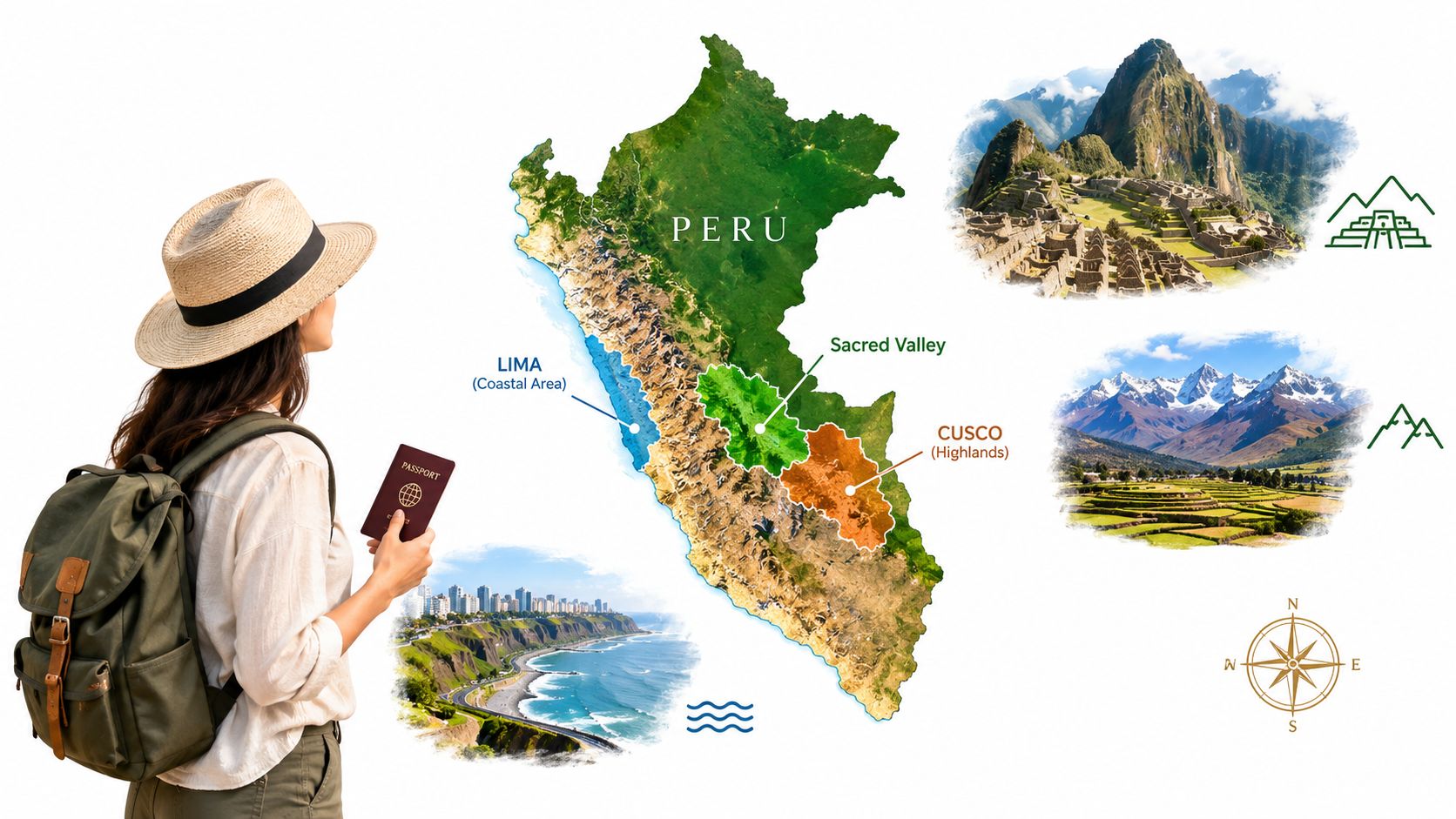 A traveler holding a passport looking at an illustrated map of Peru highlighting Lima, Sacred Valley, and Cusco.