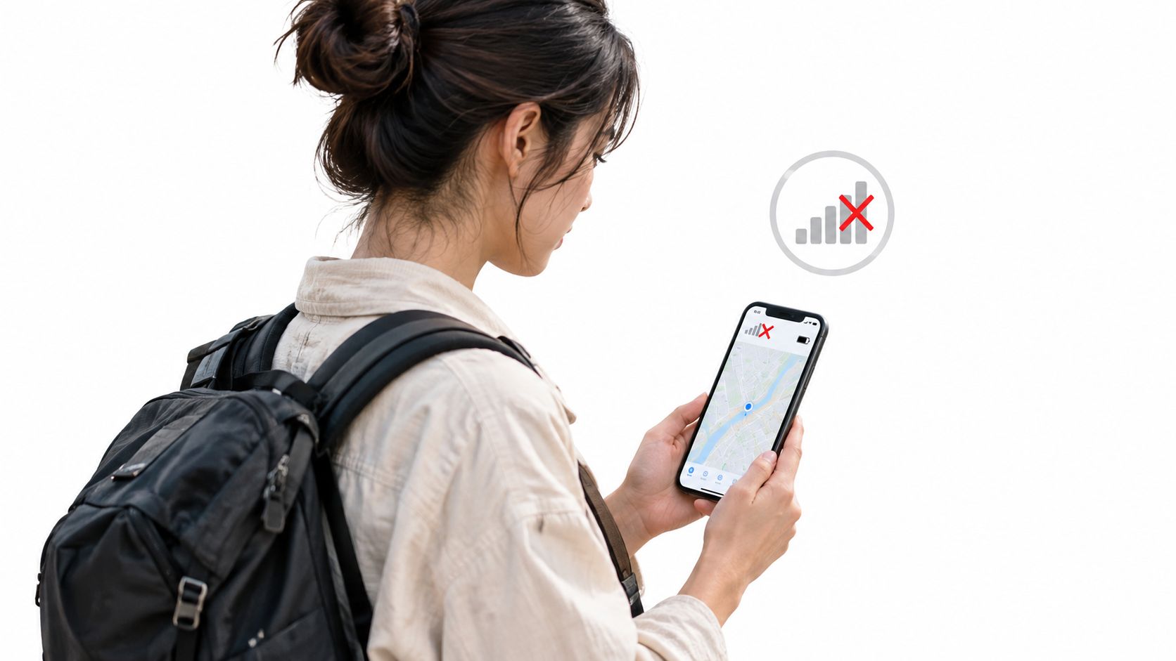 A young woman with a backpack looking at a smartphone showing a map with no signal icon.
