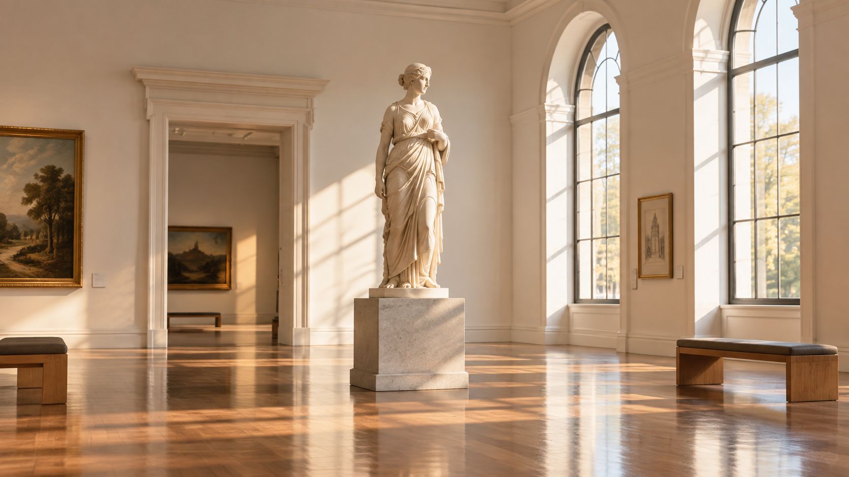 A serene art gallery room featuring a central marble statue of a woman standing under sunlight.