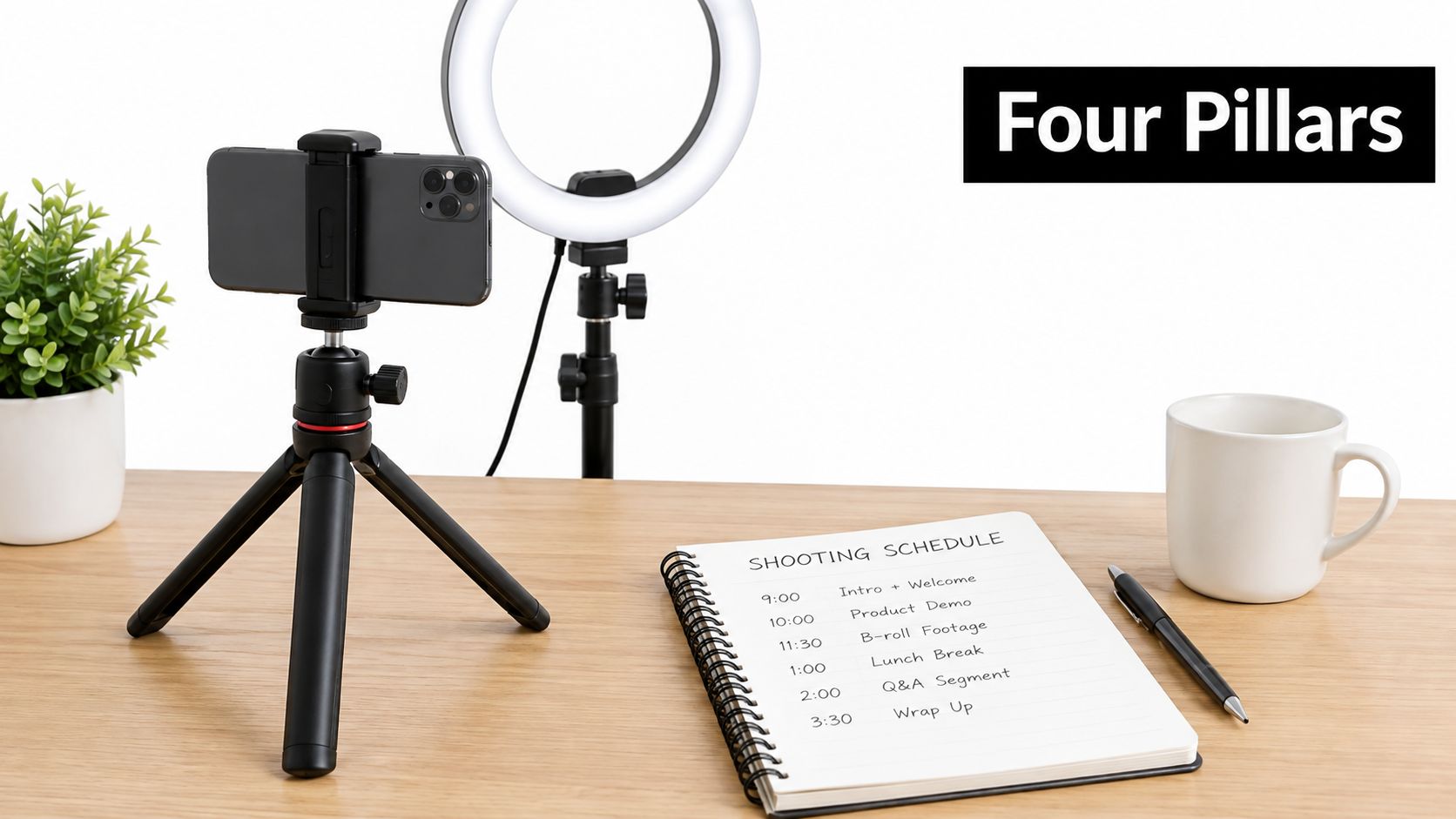A smartphone mounted on a mini tripod with a ring light and a shooting schedule notepad.