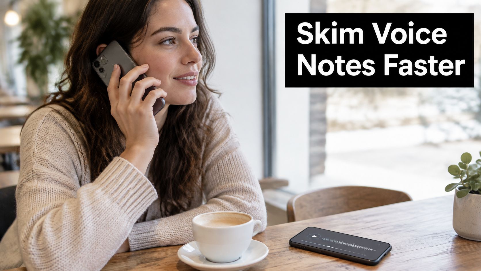 A woman talking on a smartphone while a voice note plays on a phone on the table.