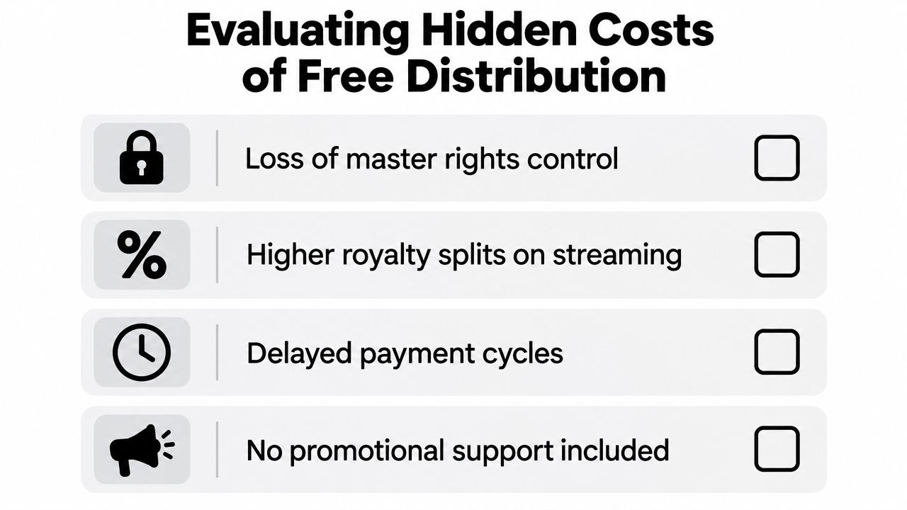 A checklist showing hidden costs of free music distribution like loss of control and delayed payments.
