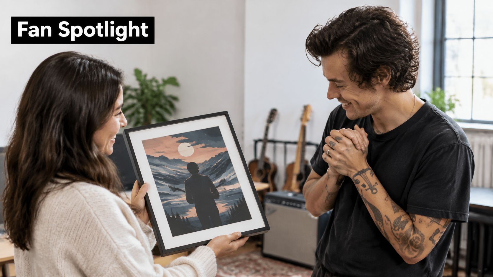 A fan presenting a piece of framed artwork to singer Harry Styles in a studio setting.