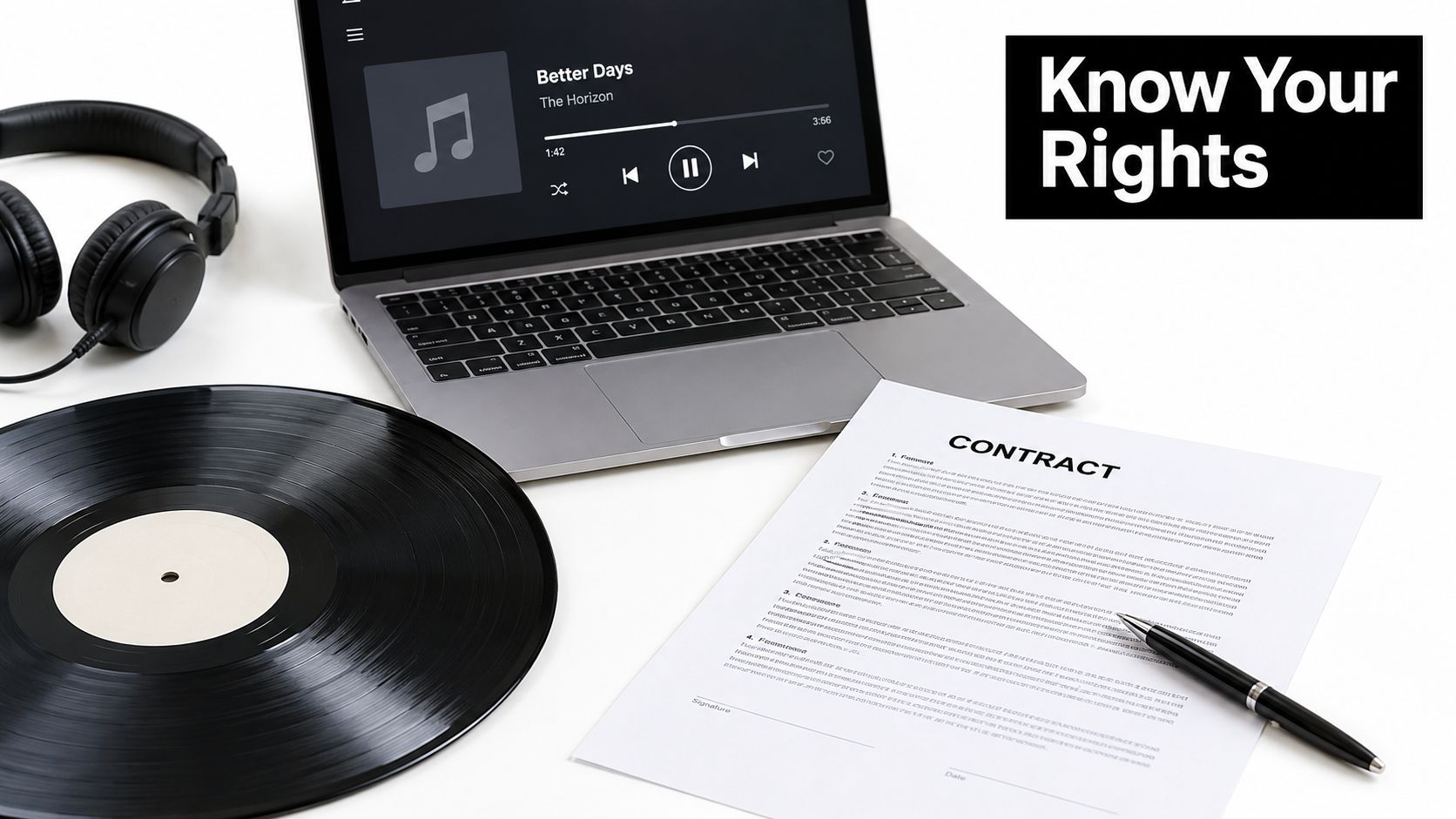 A laptop playing digital music, a vinyl record, a contract, and a pen on a white table.