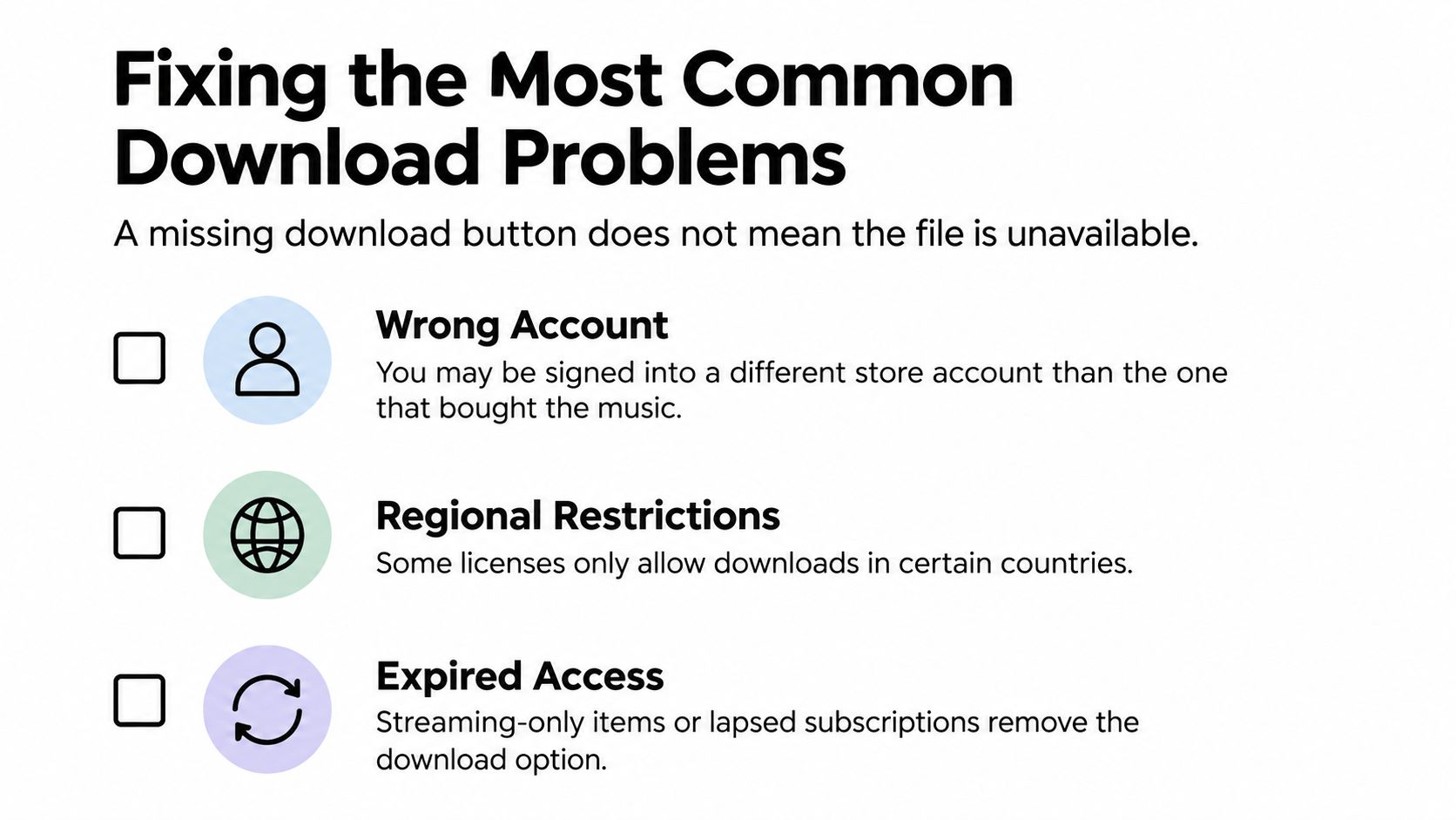 A guide listing three common reasons why a music download button might be missing from an account.