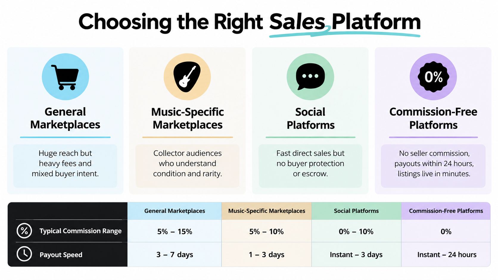 A comparison chart outlining the pros, cons, commission rates, and payout speeds of four sales platform types.