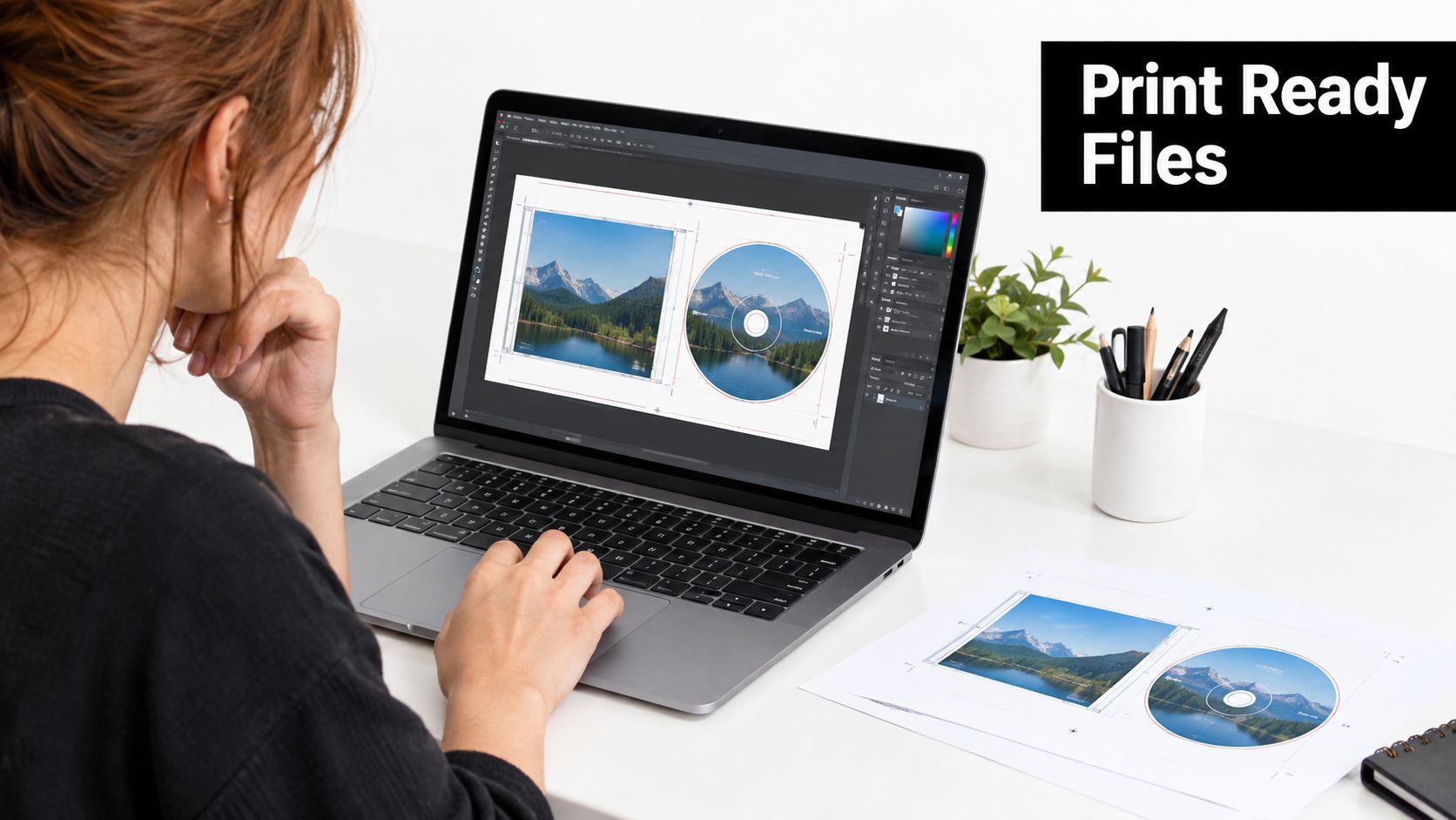 A designer works on CD label print designs using professional software on a modern laptop computer.