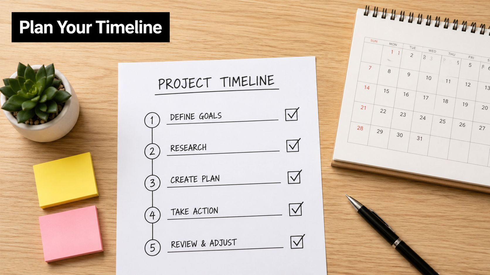A checklist labeled Project Timeline on a wooden desk with a calendar, pen, and sticky notes.
