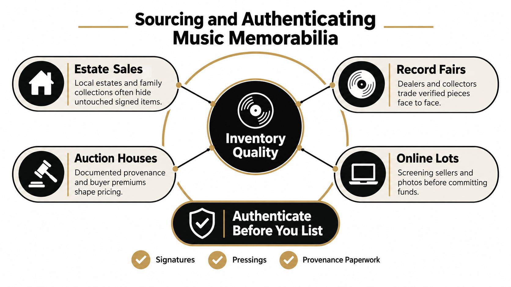 A diagram outlining the process of sourcing and authenticating music memorabilia for sale or collection.