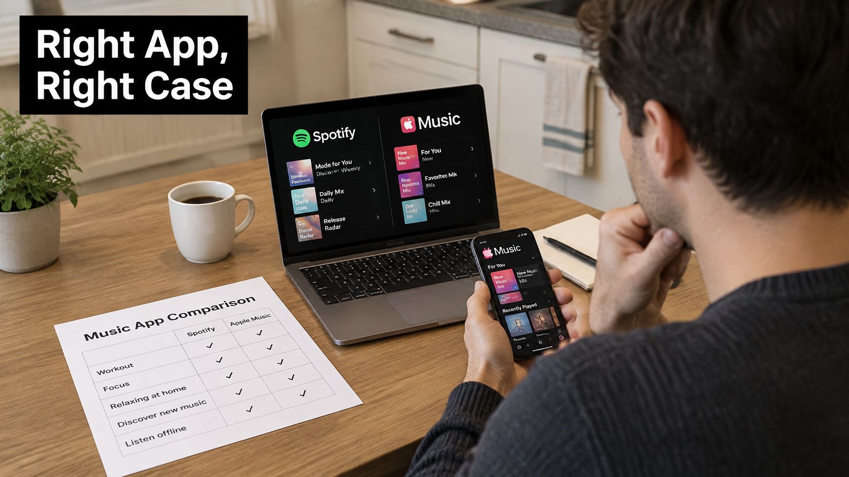 A person sitting at a wooden desk comparing music streaming apps on their laptop and smartphone device.