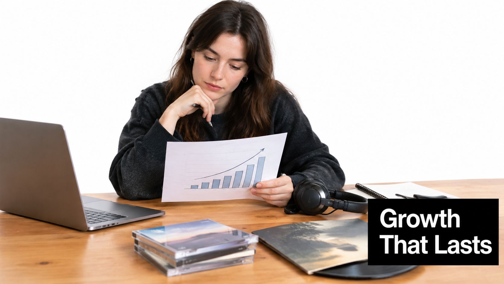 A young woman studying a growth chart graph while sitting at a desk with music equipment.