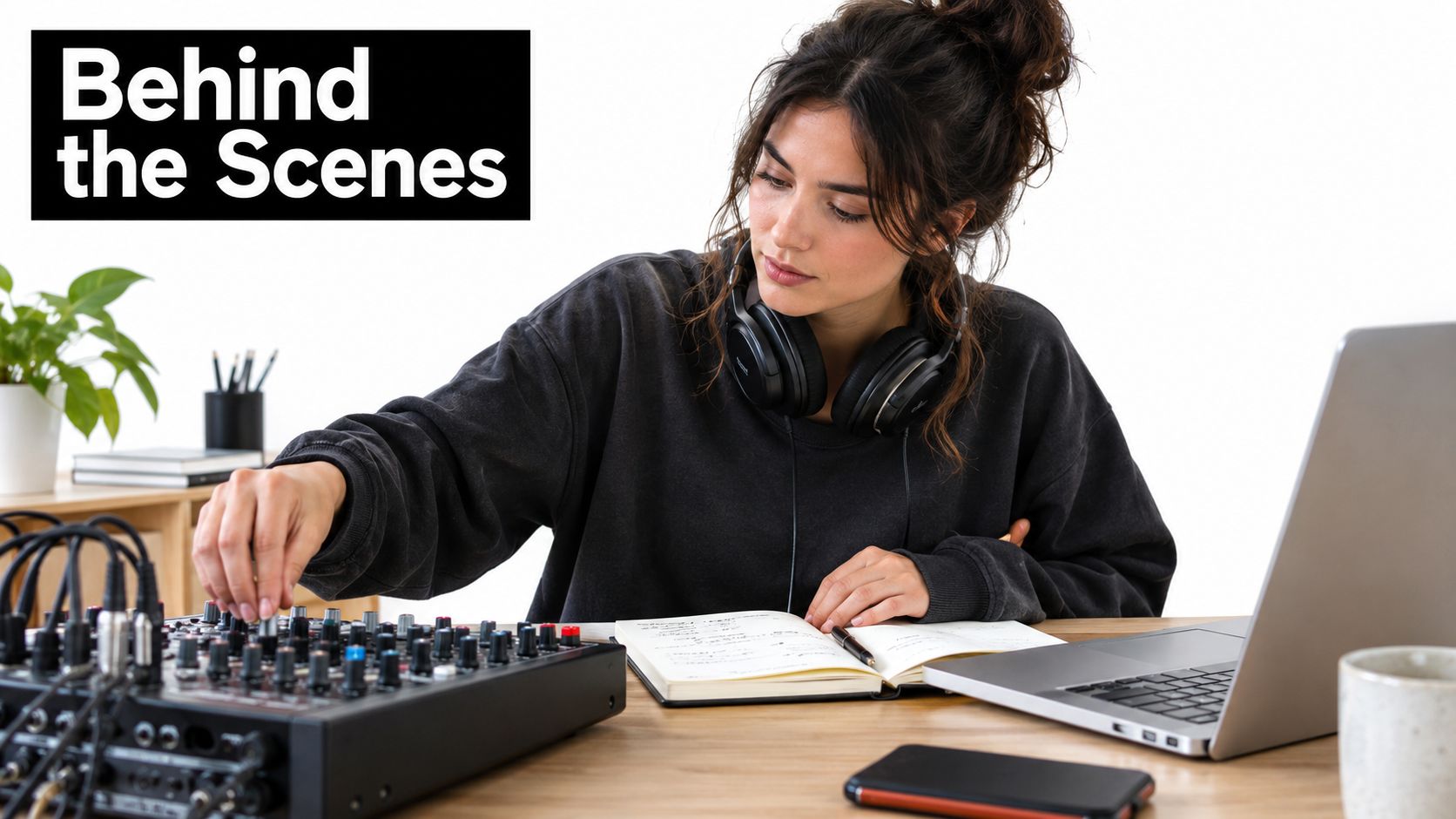 A woman working on audio mixing equipment and writing in a notebook at her desk with a laptop.