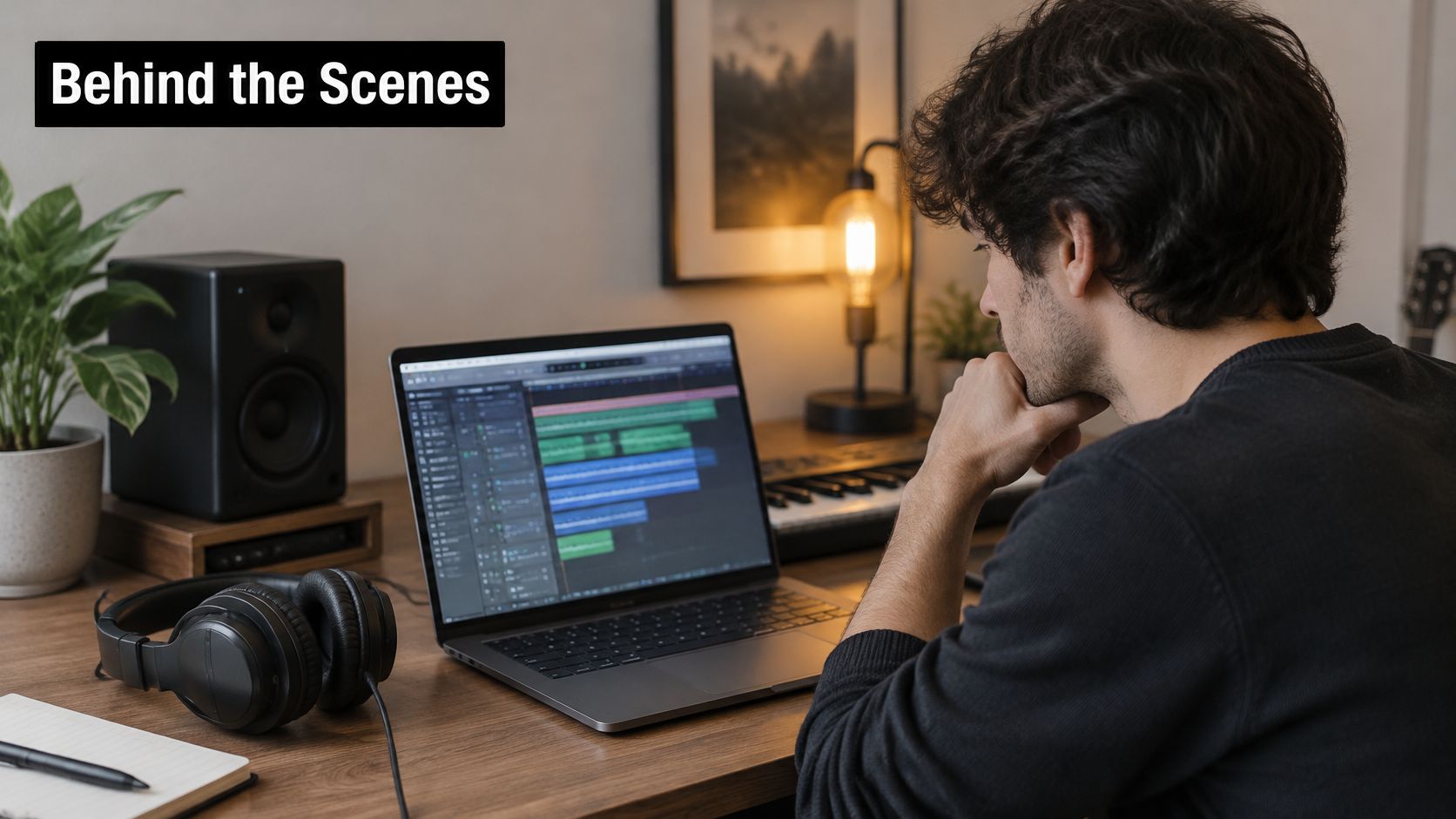 A male music producer sits at a desk working on a project using a laptop computer.