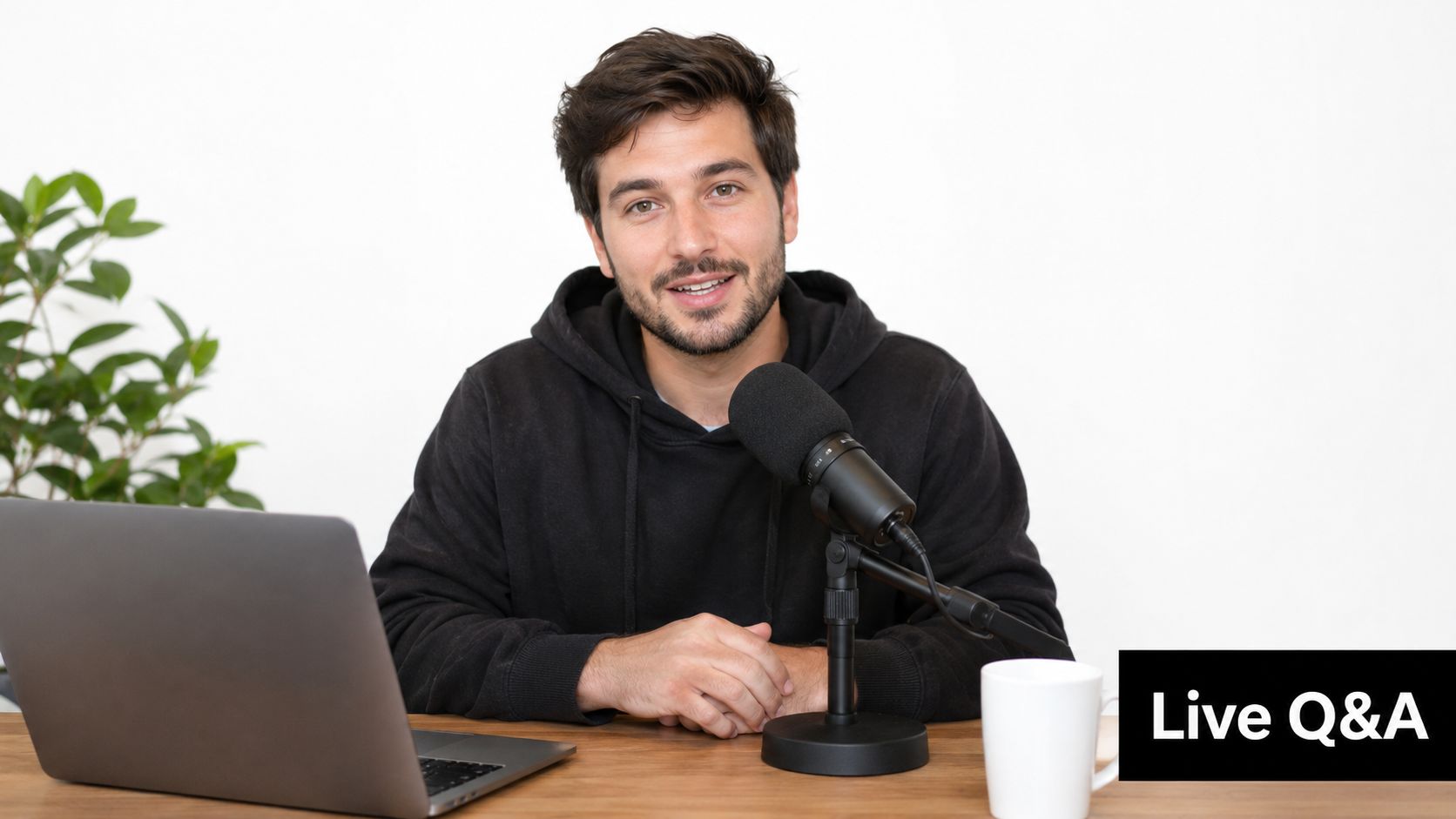 A smiling young man in a black hoodie hosting a live Q&A session with a microphone and laptop.