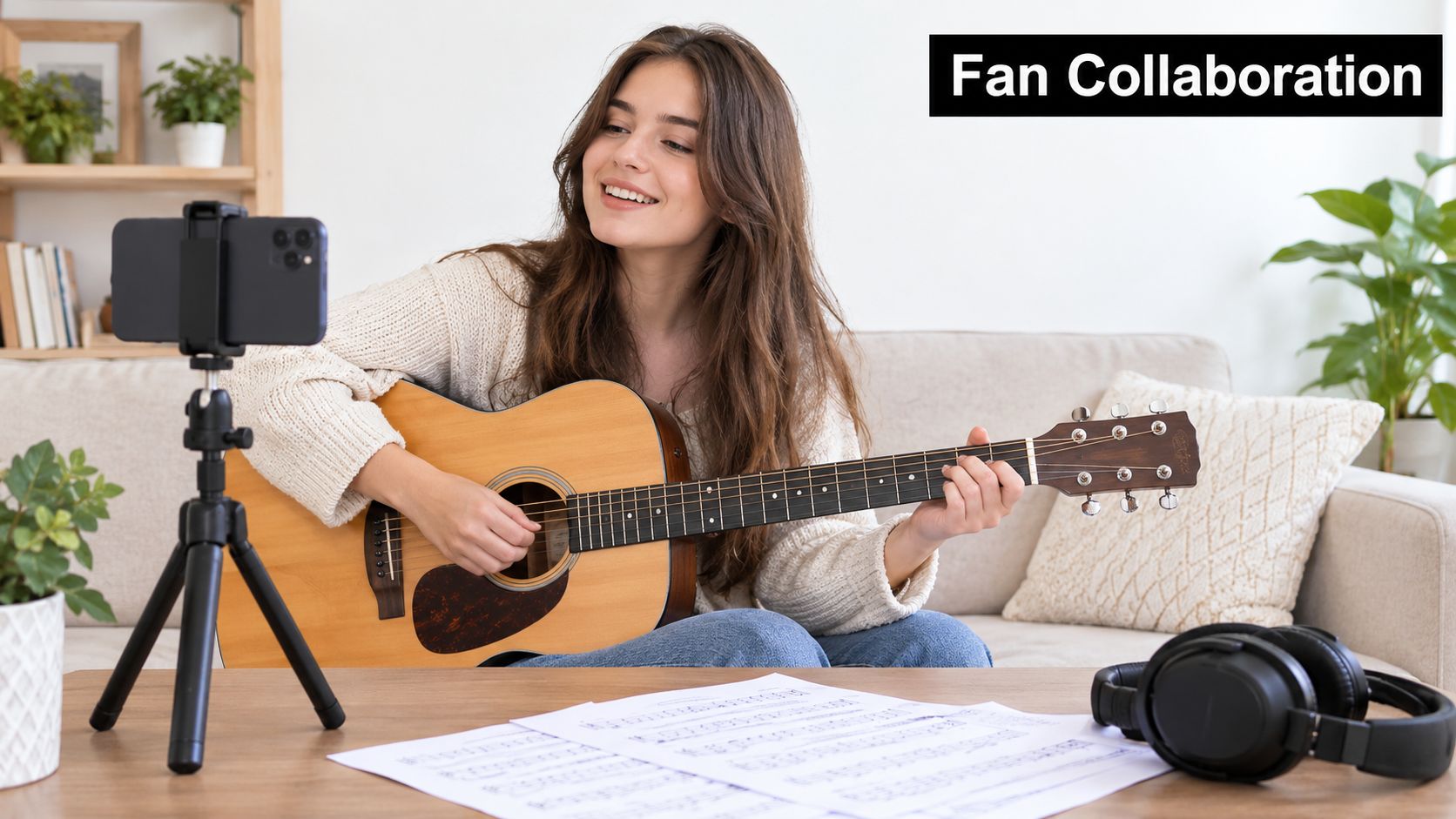 A woman playing an acoustic guitar while live streaming to her fans using a smartphone on tripod.