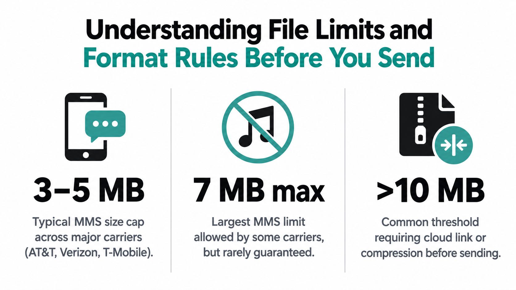 An infographic showing file size limits for MMS text messaging across major mobile service carriers.
