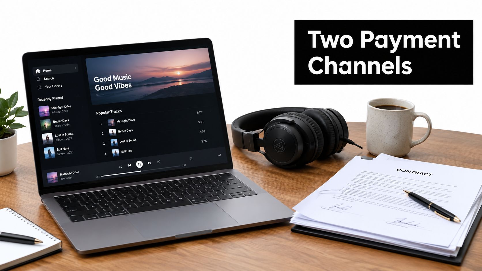 A laptop displaying a music streaming interface next to a contract, coffee, and headphones on a desk.