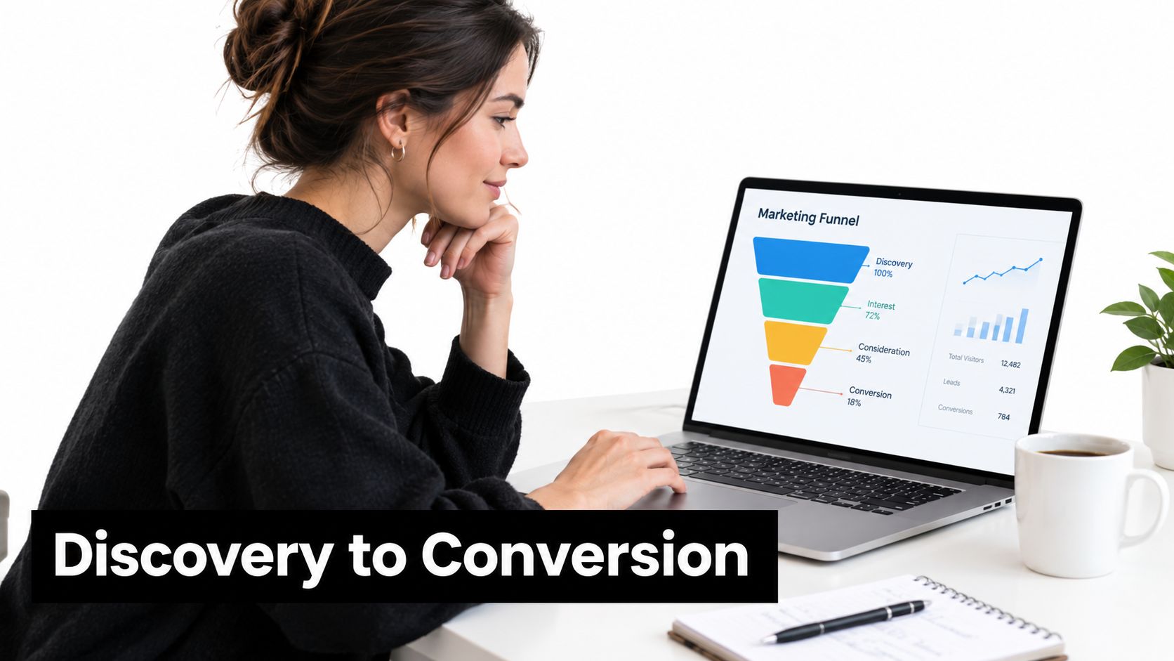 A woman working on a laptop displaying a marketing funnel chart showing customer discovery to conversion statistics.