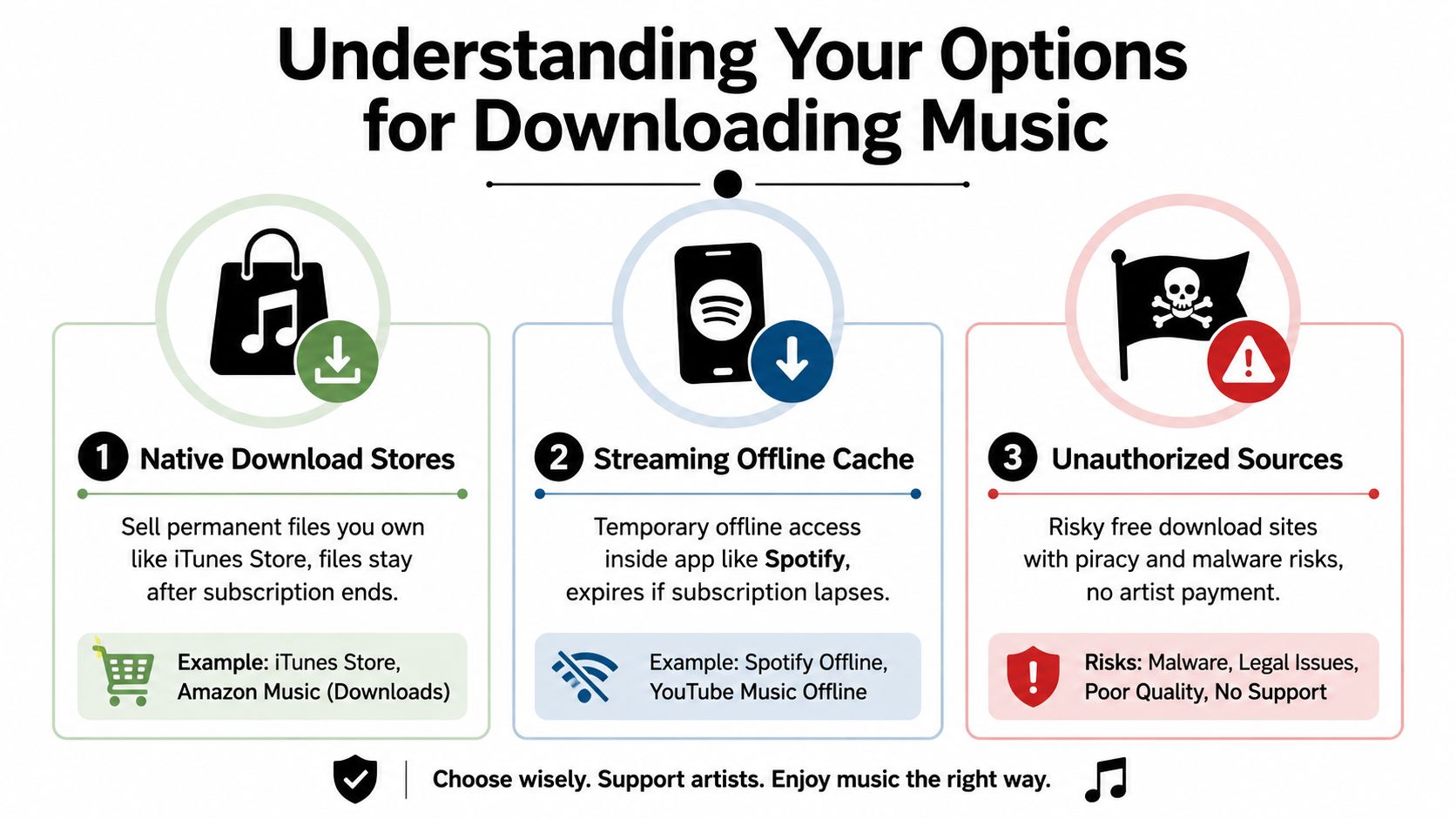 An infographic illustrating three ways to download music: Native Download Stores, Streaming Offline Cache, and Unauthorized Sources.