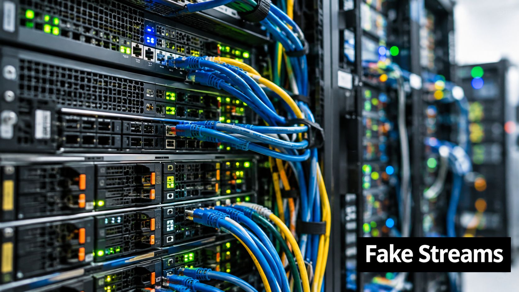 Close-up of network server racks with blue and yellow ethernet cables connected to hardware devices in data center.