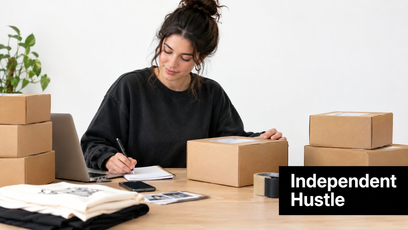 A young woman working from home, packing boxes for her independent business, with a laptop and notebook.
