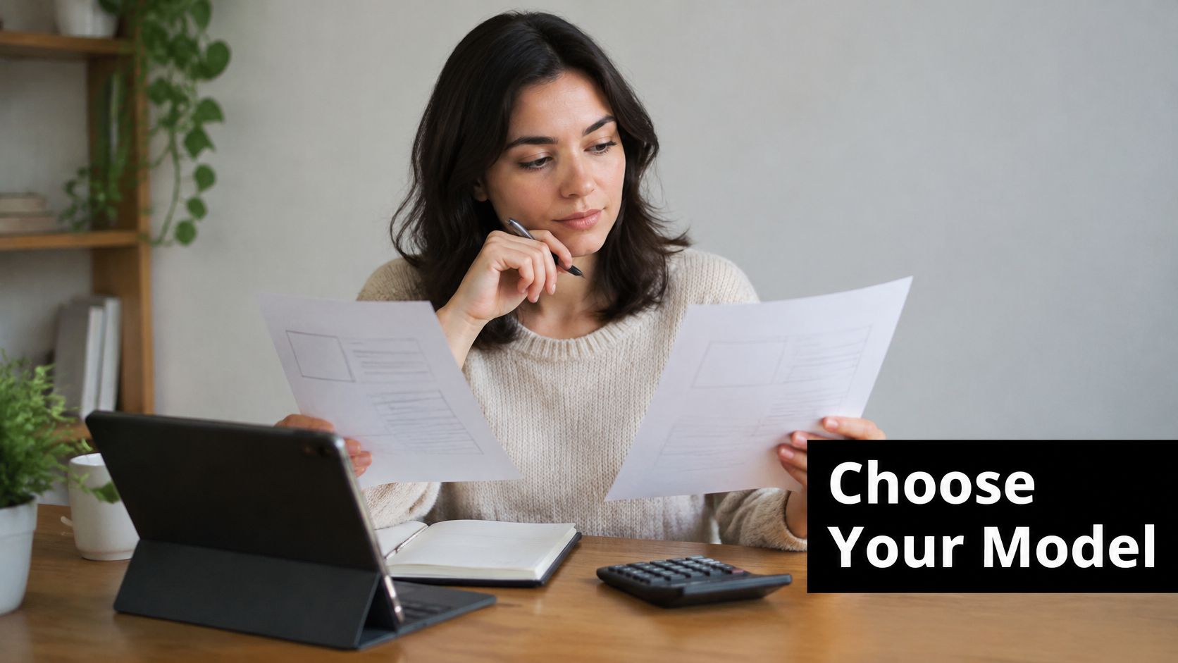 A woman reviewing documents while working at her desk with a tablet, calculator, and a notebook.