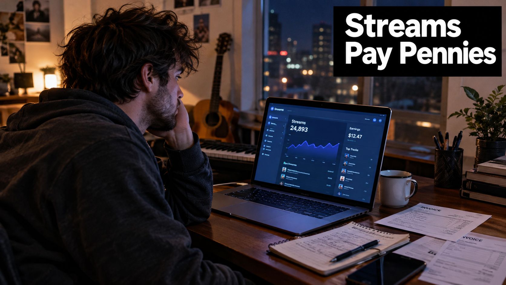 A musician sitting at a desk looking at a laptop showing low streaming earnings and invoices.
