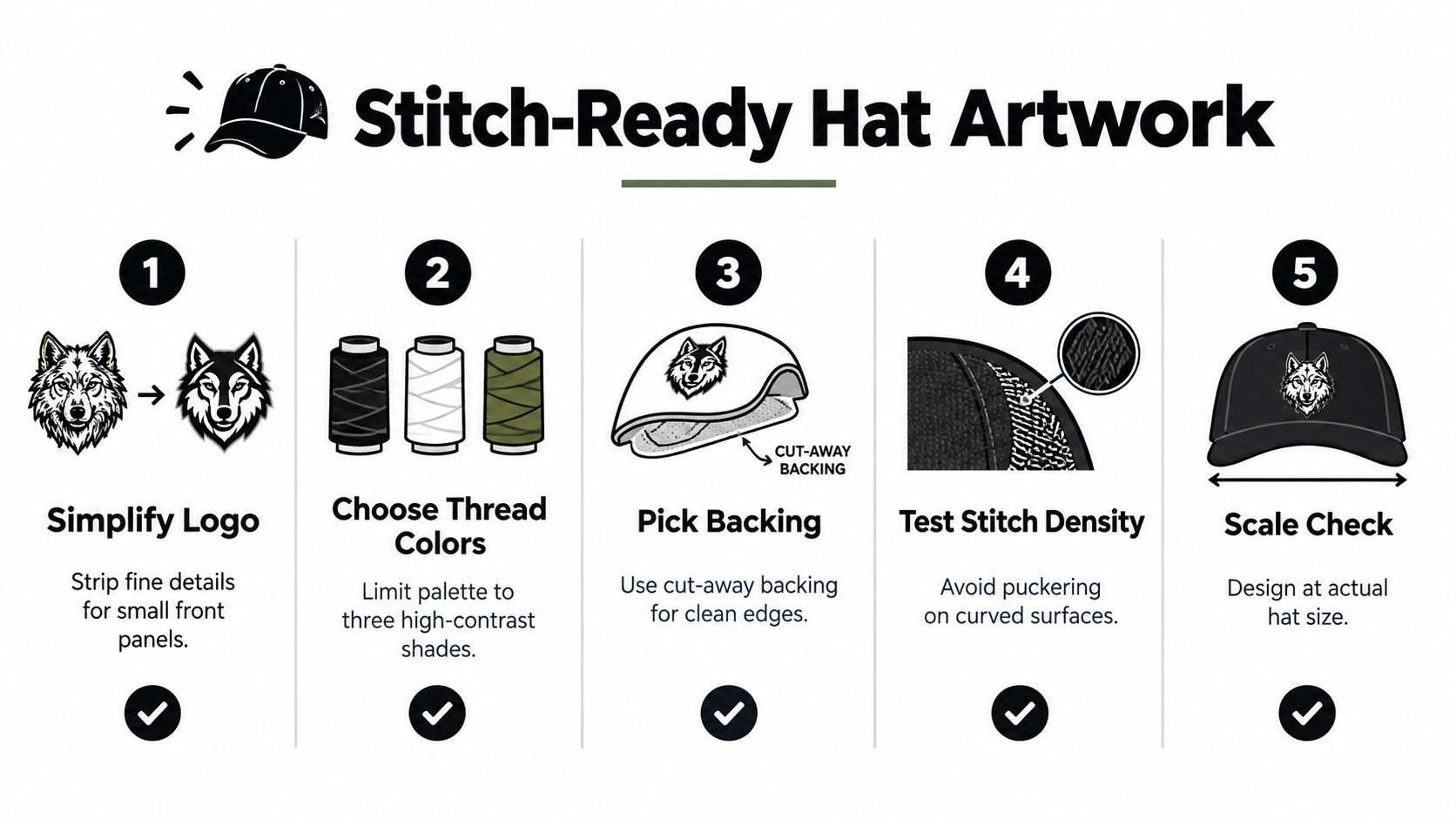 A five-step infographic showing how to prepare artwork for custom hat embroidery and stitch-ready designs.