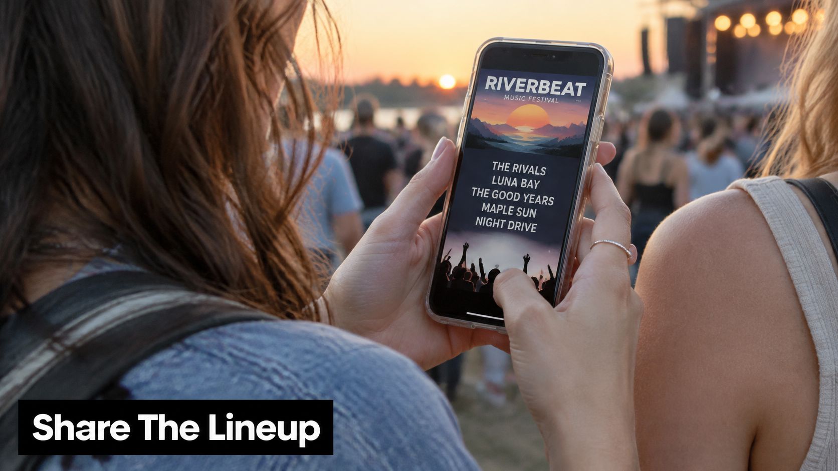 A person holding a phone showing the Riverbeat Music Festival lineup at an outdoor concert event.