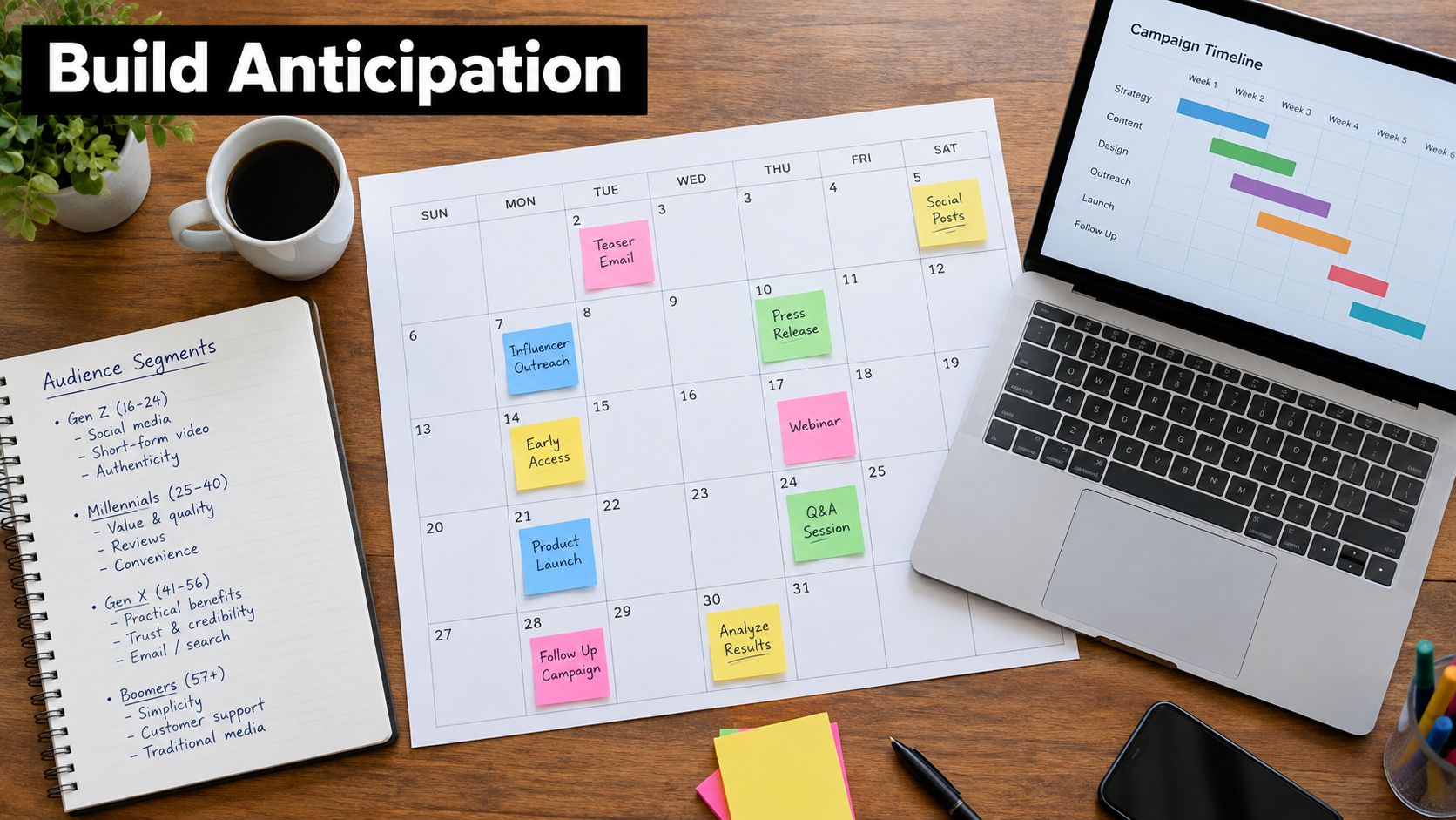 A professional desk setup featuring a laptop with a campaign timeline, a calendar with sticky notes, and notes.