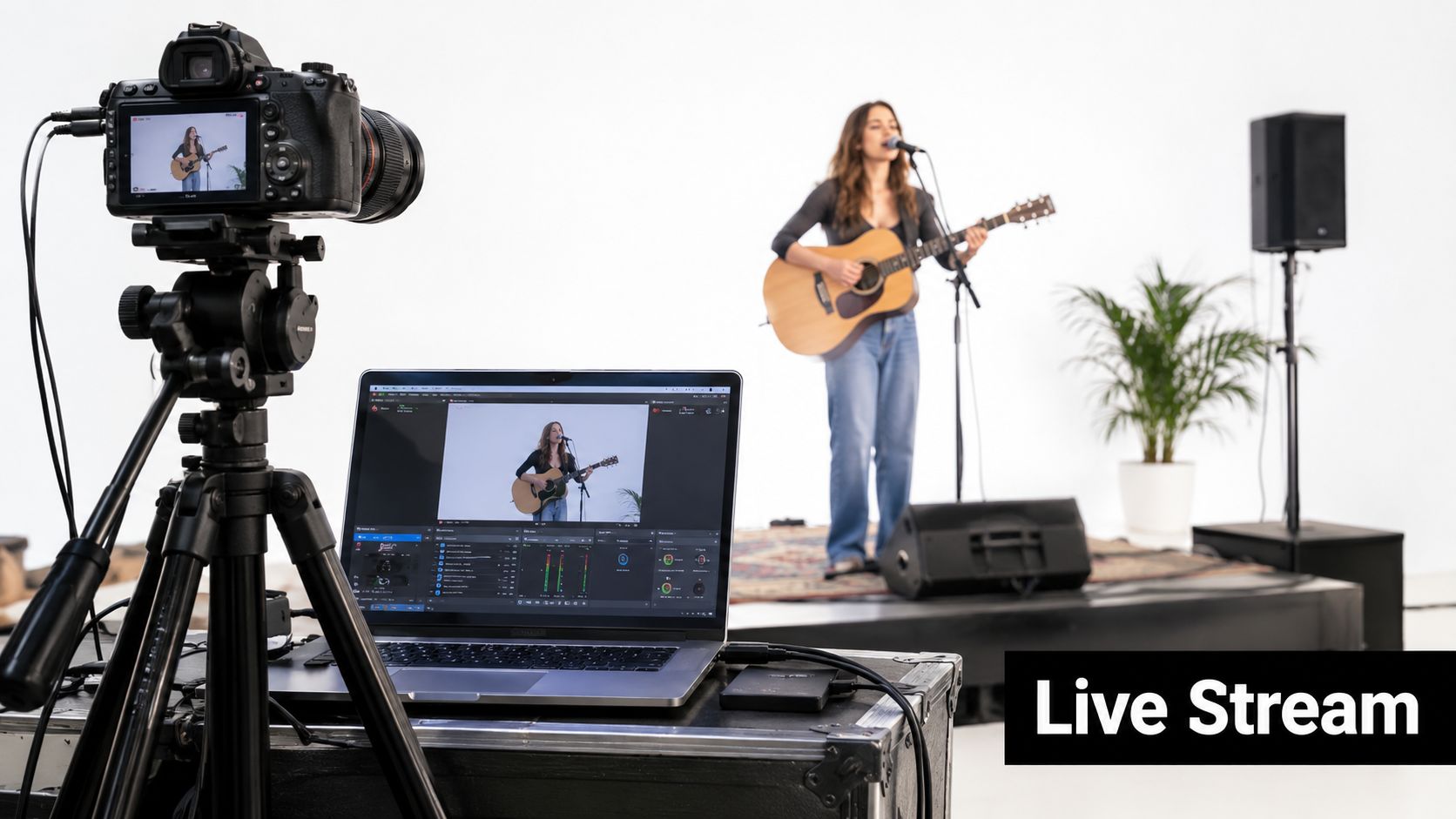 A live stream setup featuring a camera, laptop, and a female musician performing in a studio.