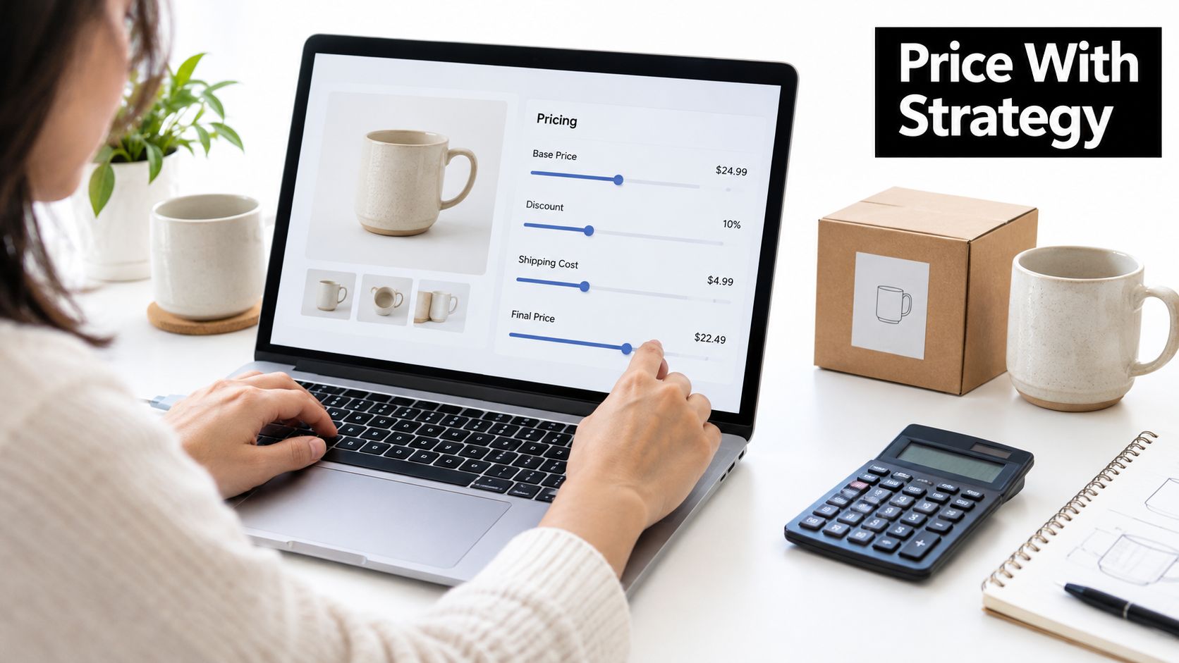 A person using a laptop to calculate the final price of a product using online pricing software tools.
