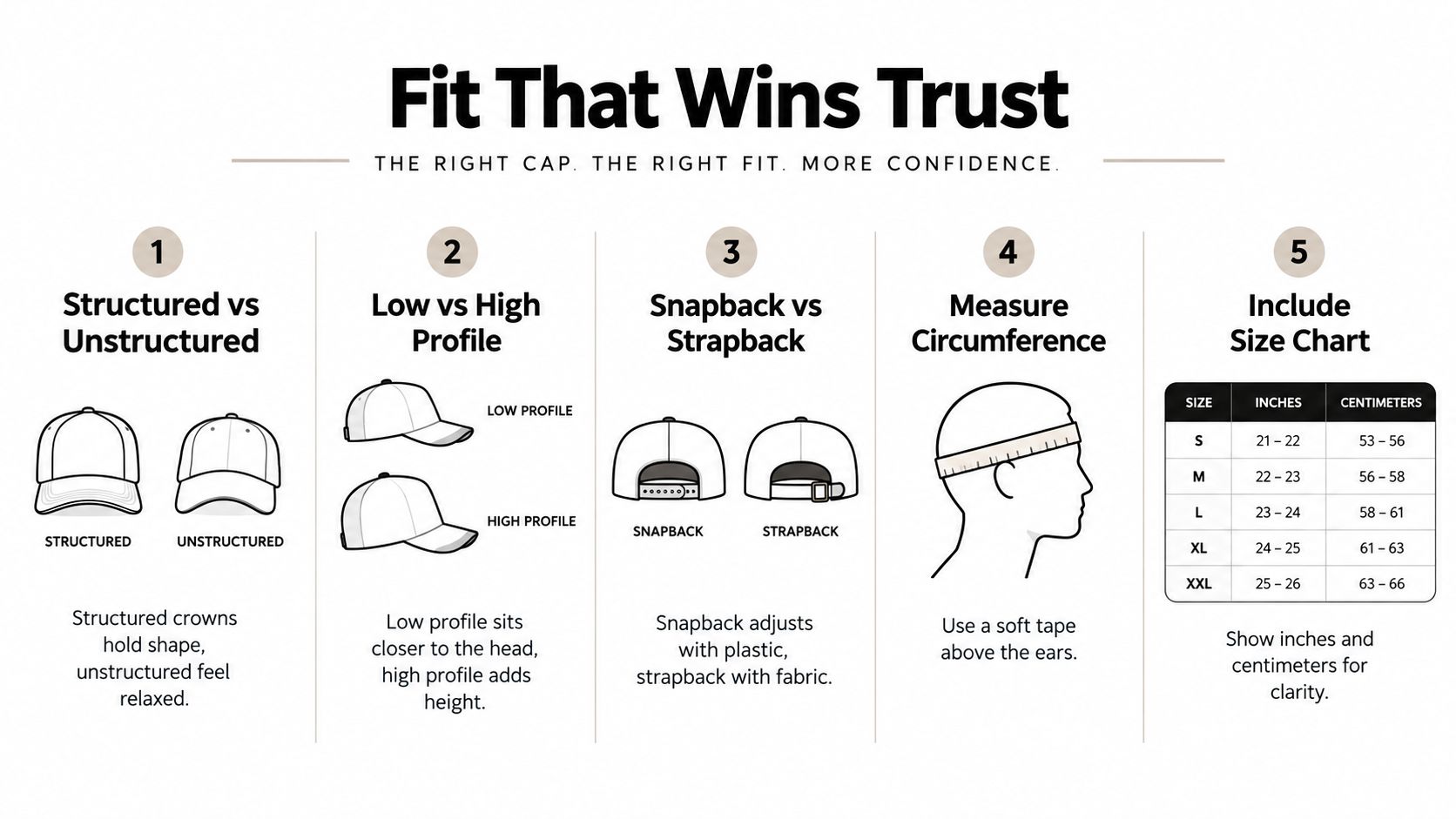 An infographic titled Fit That Wins Trust explaining cap styles, profile heights, closures, and head sizing measurements.